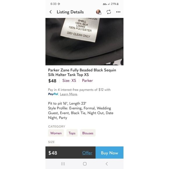 Parker Zane Fully Beaded Black Gold Sequin Silk Halter Tank Top Large - Picture 9 of 14